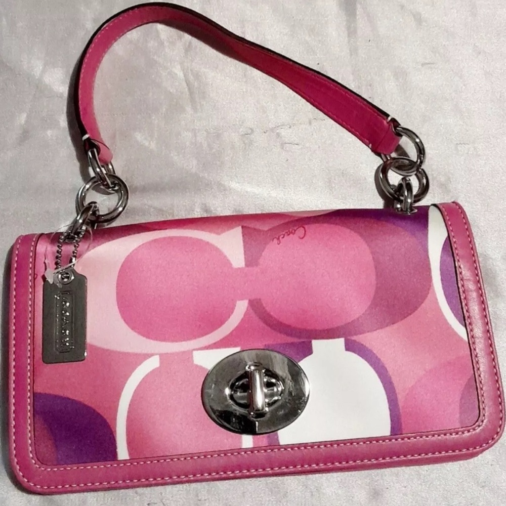 Coach Zoe Scarf Pattern Satin Multicolored Pink Clutch Shoulder bag / Handbag